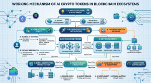 Flowchart illustrating the working mechanism of AI crypto tokens in blockchain ecosystems"
