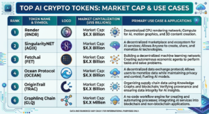 Comparison chart of top AI crypto tokens showing market cap and use cases