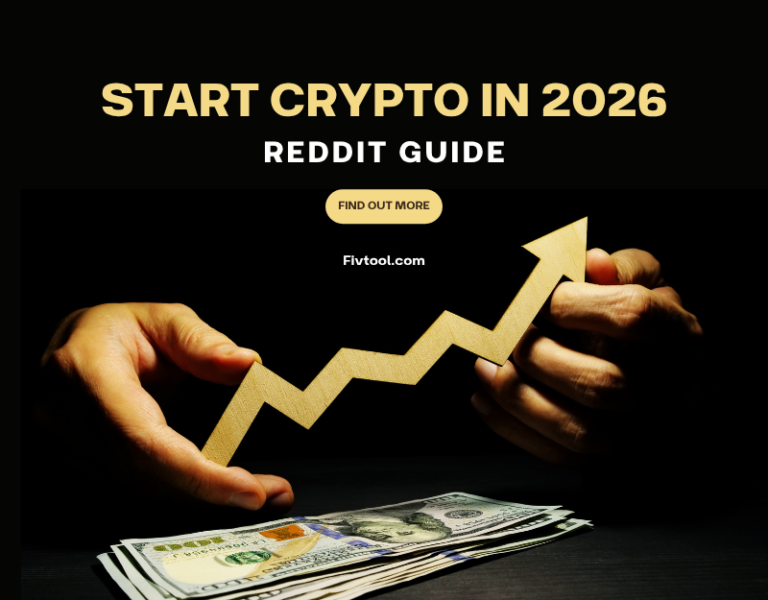 Hands holding a rising golden arrow graph above a stack of US dollar bills with text advertising a "Start Crypto in 2026 Reddit Guide."