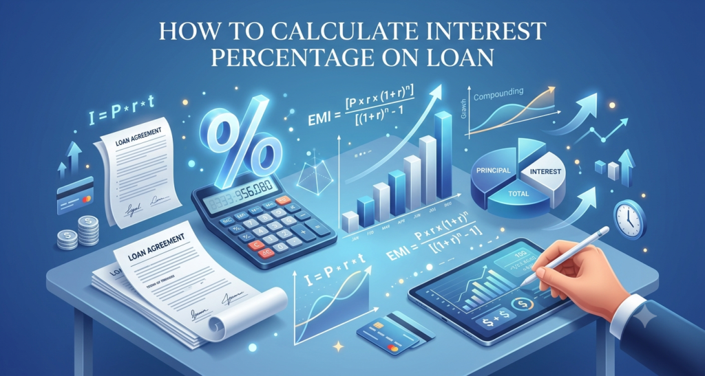 loan interest calculation. Show calculator, percentage symbols, loan agreement papers, charts, graphs, and mathematical formulas floating in a modern workspace. Professional fintech design, blue gradient background, realistic 3D elements, premium business illustration, clean and trustworthy appearance, high detail, suitable for educational finance blog, no text, no watermark.
