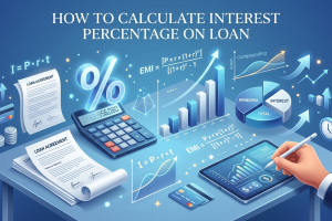 loan interest calculation. Show calculator, percentage symbols, loan agreement papers, charts, graphs, and mathematical formulas floating in a modern workspace. Professional fintech design, blue gradient background, realistic 3D elements, premium business illustration, clean and trustworthy appearance, high detail, suitable for educational finance blog, no text, no watermark.